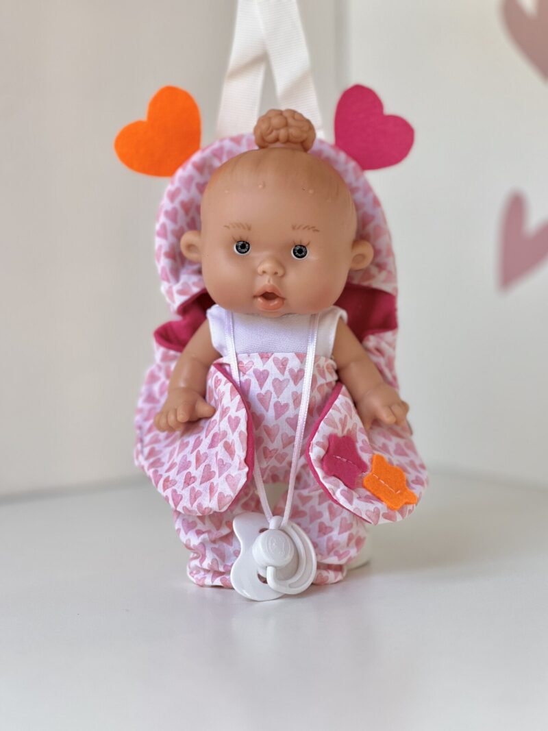 Scented doll, girl, with bun, in carrier (hearts), 21cm (Marina&Pau)