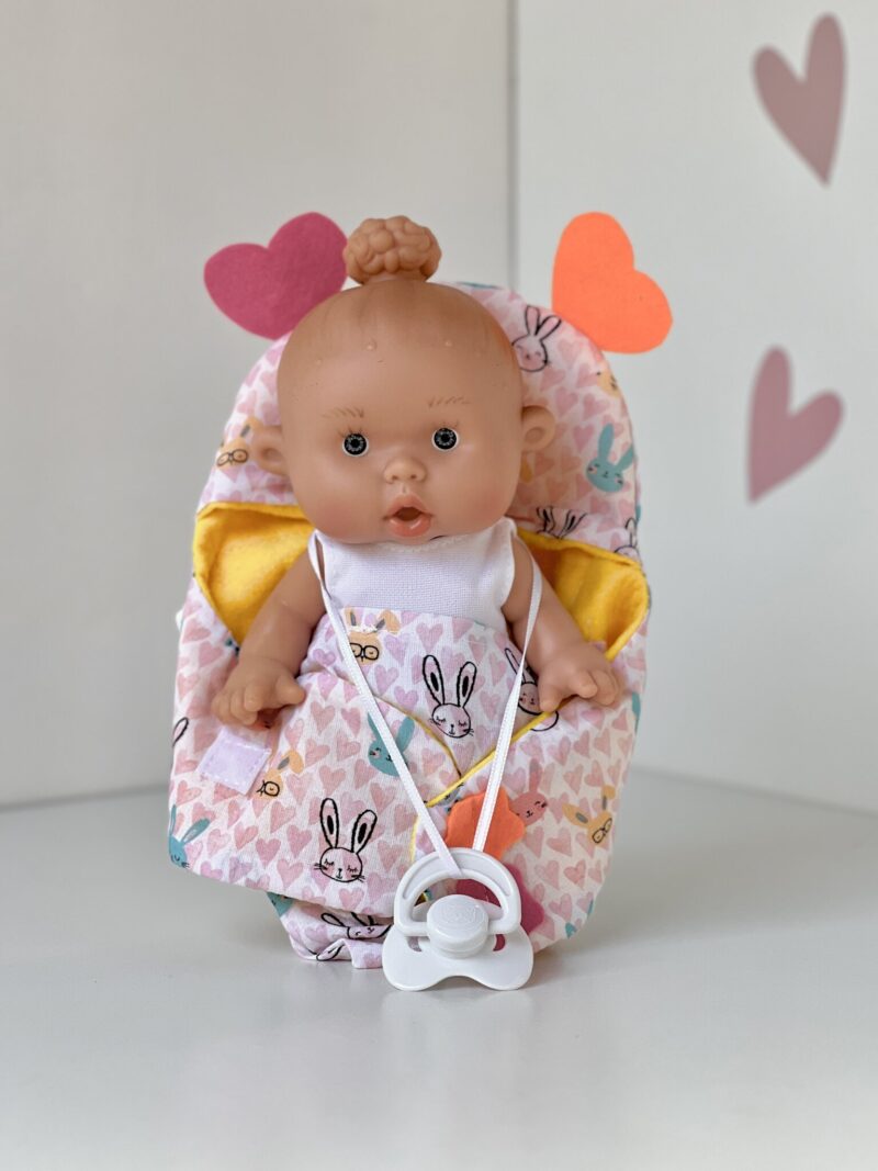 Scented doll, girl, with a bun, in a carrier (rabbits), 21 cm (Marina&Pau)
