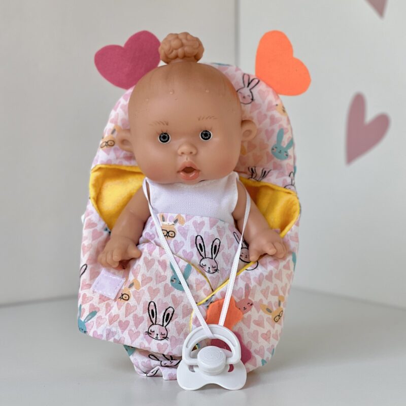 Scented doll, girl, with a bun, in a carrier (rabbits), 21 cm (Marina&Pau)